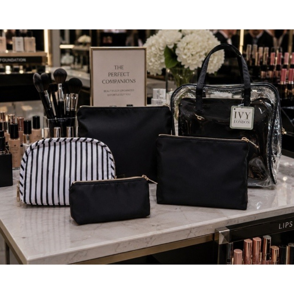 Ivy London 5 Piece Makeup Bag Set Clear Tote Black Nylon Pouches Striped Case
